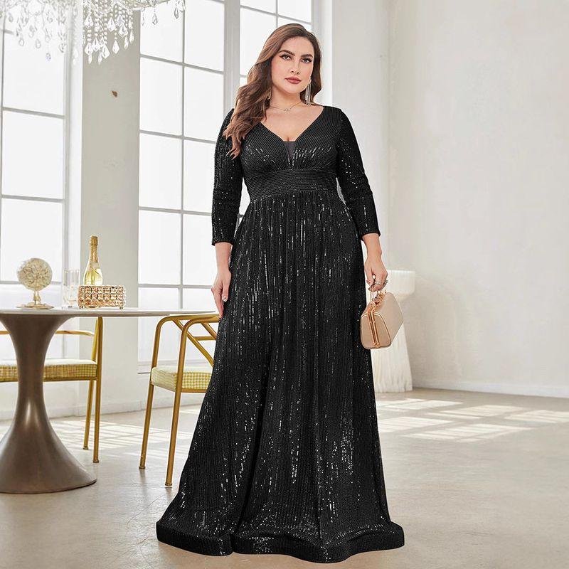 Cross-Border Amazon New Evening Dress Plus Size Sequined Long-Sleeved V-Neck Elegant Long Dress for Parties and Banquets