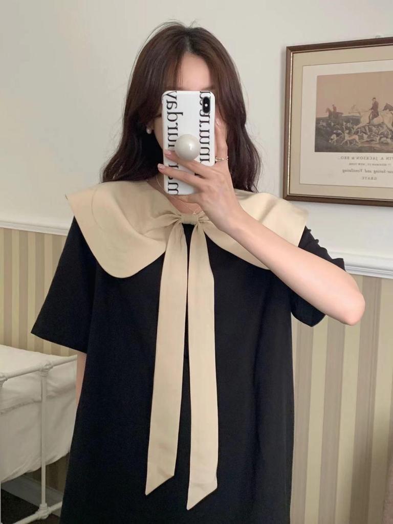 Korean Style Reversible Color-Block Dress with Bow and Doll Collar – College Niche Design, Short Skirt for Summer