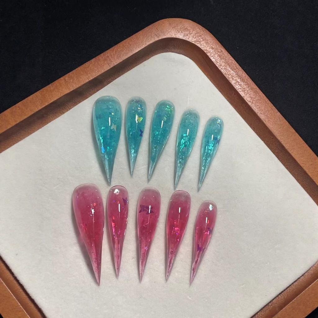 Handmade Press On Nail Dragon Claw Cool Sweet Blue Pink Clear Through Foil Sequins Gradient Eagle Claw Type Fake Nail Patch Artificial Nail Reusable