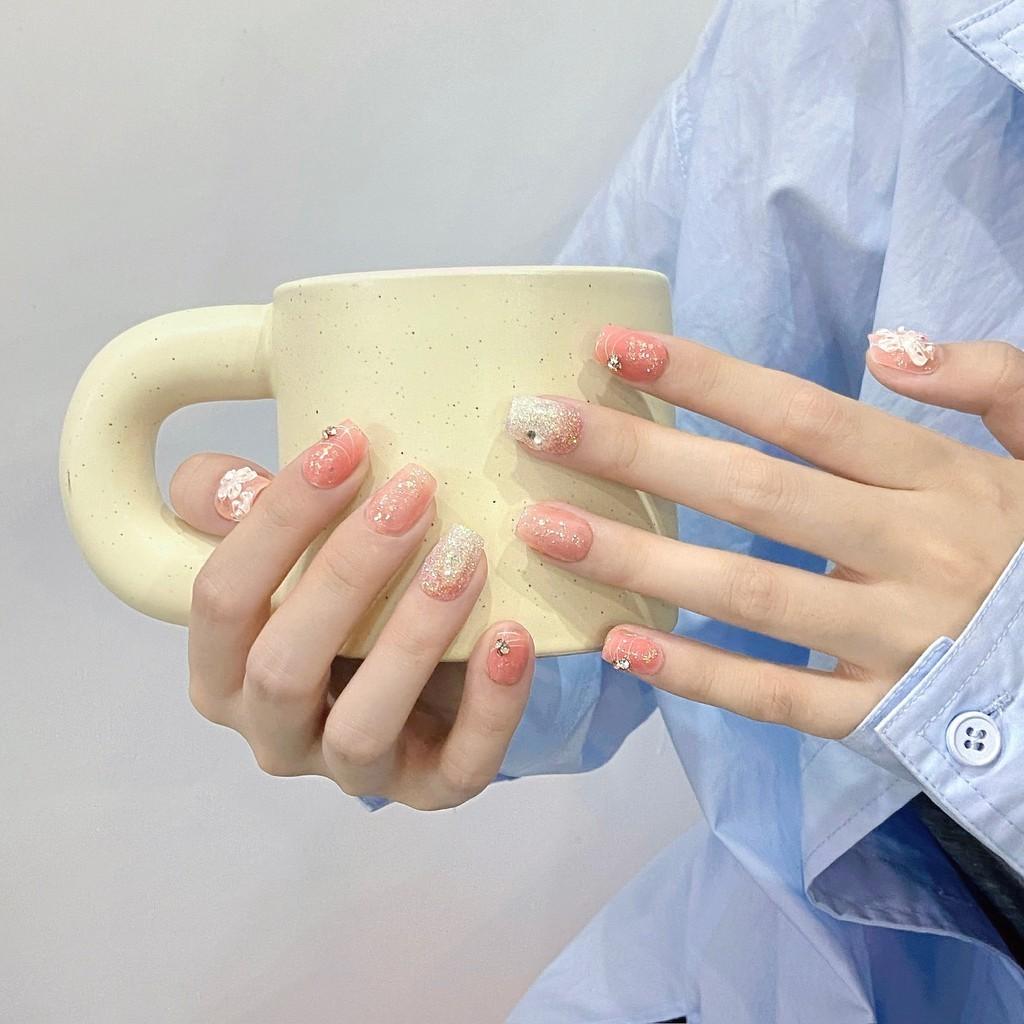 Unghie artificială FĂCUTĂ MÂNĂ Roz Floare blândă Blush Scară scurtă Fototerapie Unghii Unghii false Unghii reutilizabile și detașabile