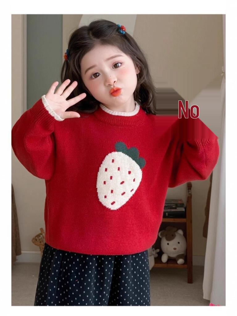 Girls' 2025 Autumn/Winter Strawberry Knit Sweater - Thick, Stylish Baby & Little Girl Top
