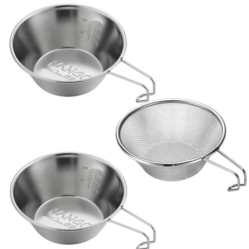 NANGOGEAR Stainless Steel Sierra Cup Set and Sierra Strainer Stainless (2 cups) Set, 18-8 Steel, 21110/21115 (S-220-2P/S-213)