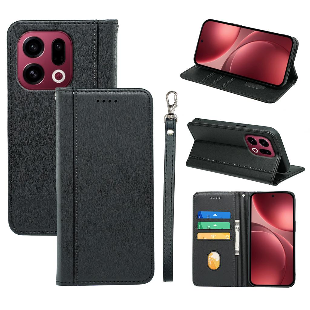 For Oppo Find X9 5G Wallet Case Magnetic Closing PU Leather Phone Cover with Wrist Strap