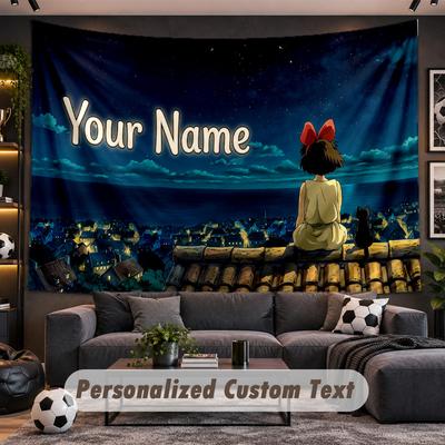 Kiki's Delivery Service Jiji Personalized Tapestry Support Custom Name, Wall Art Home Decoration