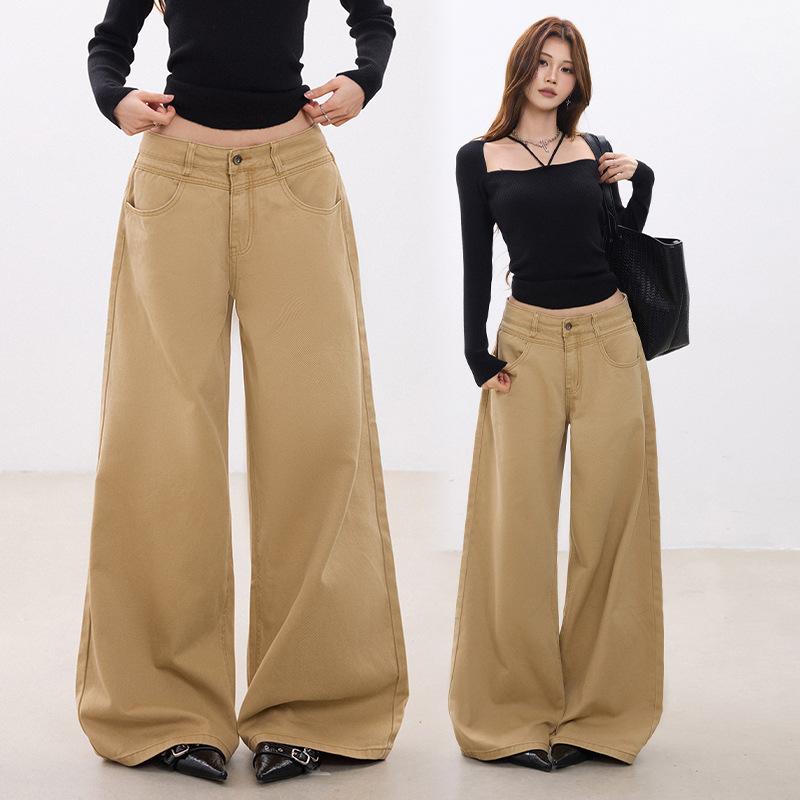 Khaki Jeans Women's Autumn and Winter New Versatile Loose and Thin Adjusting Waist Design Loose Low Waist Wide Leg Pants