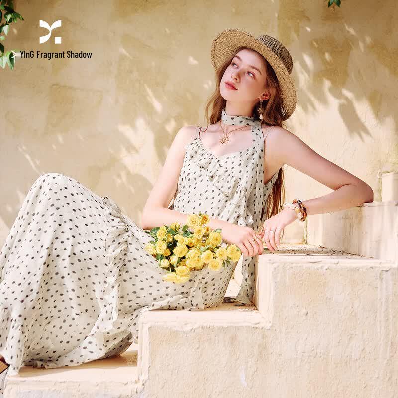 French Polka Dot Ruffle Strap Dress S