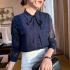 Bow-tie chiffon women's long-sleeve shirt, 2026 new model, spring and autumn blue blouse