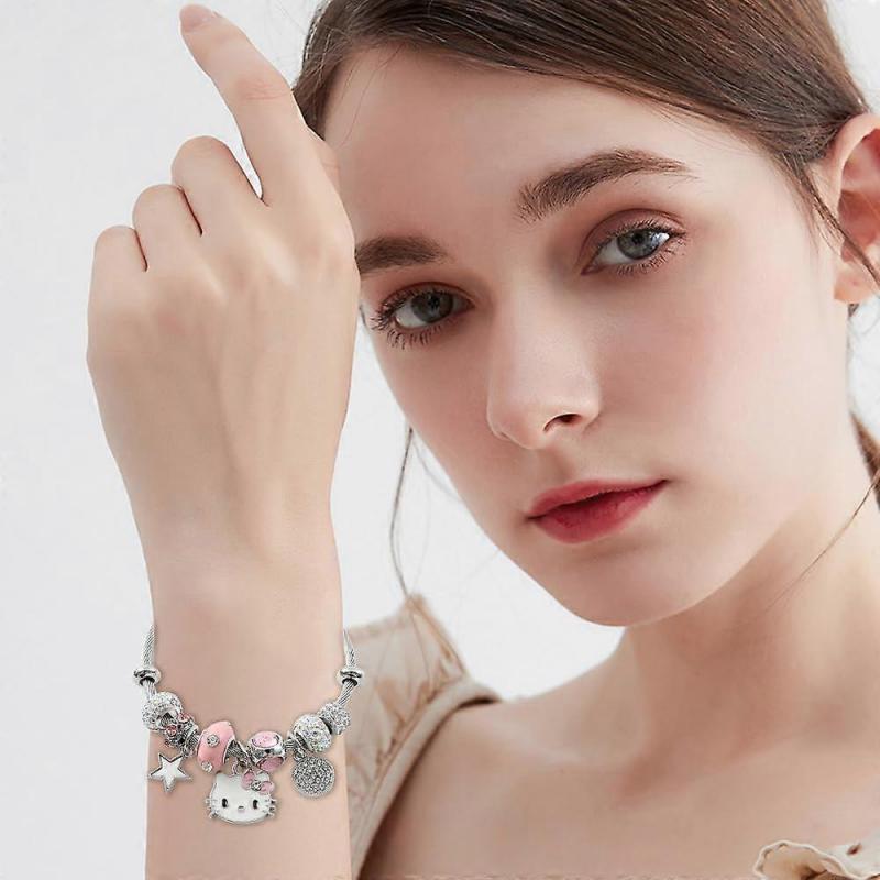 Kitty Cat Love Charm Bracelet Adjustable Cartoon Anime Friendship Bracelet Jewelry Gift for Women Girls Kids Pink