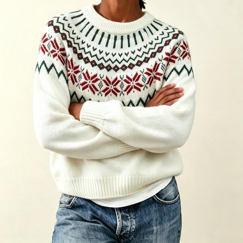 Fair Isle Knit Sweater Womens Retro Round Neck Octagon Pullover Loose Fit Winter