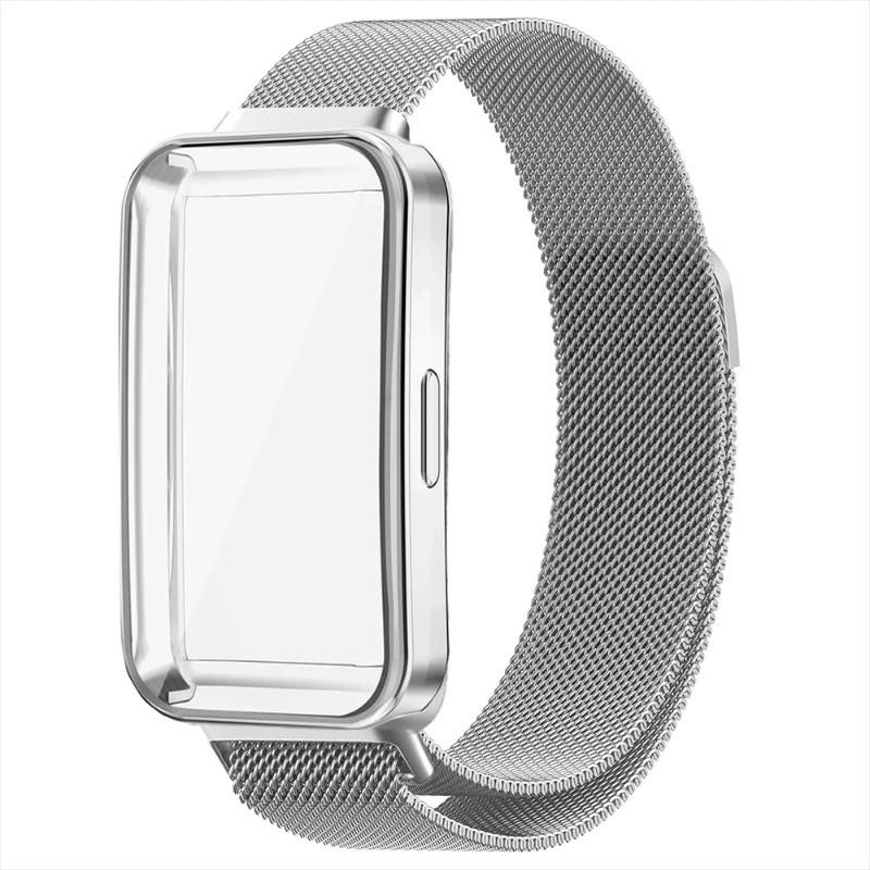 

ТПУ чехол + Магнитный ремешок для Huawei Band 10 9 8 Сменный ремешок Браслет из нержавеющей стали с Защитным чехлом мягкая накладка Huawei Band 9 8 серебряный