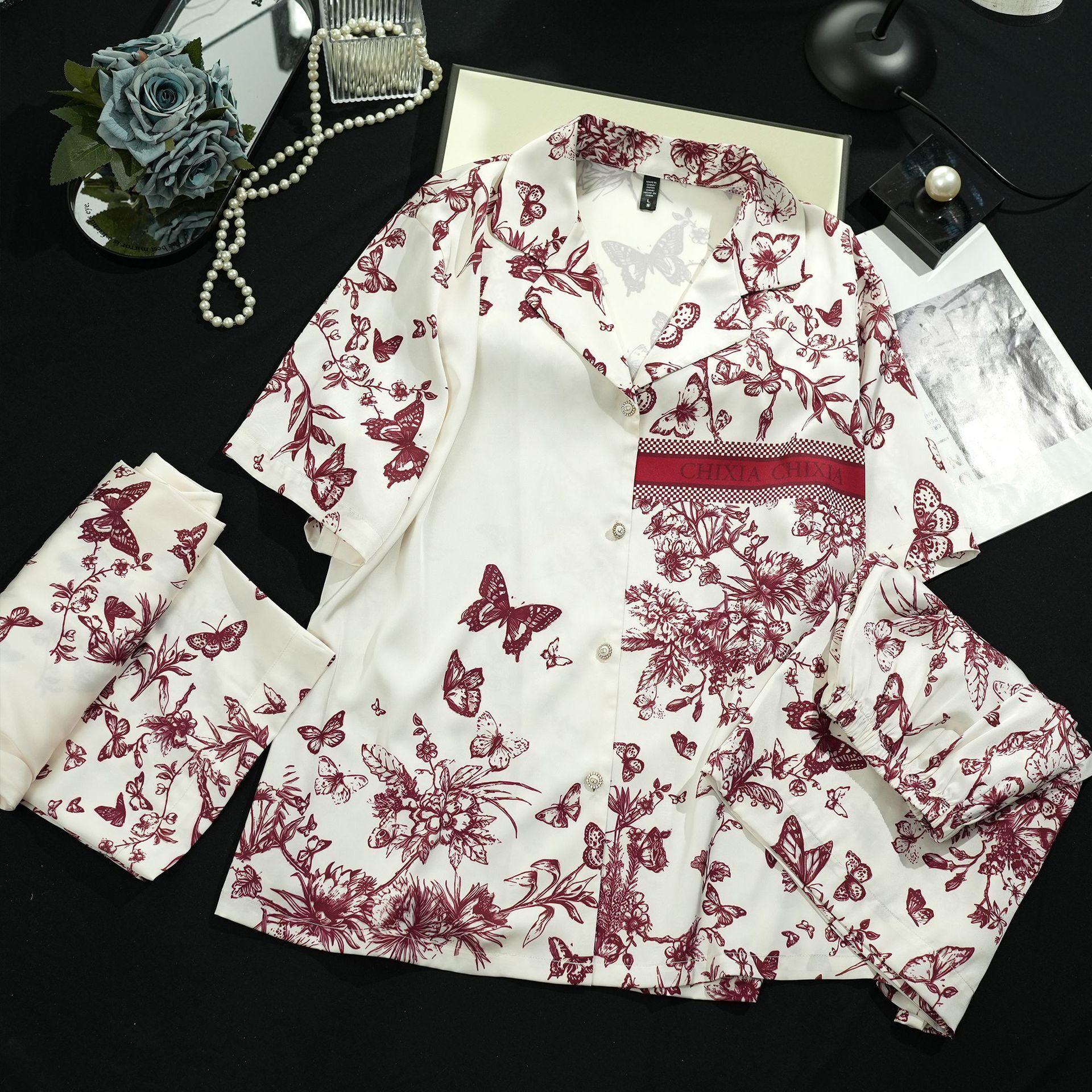 

Пижама из трех частей Ice Silk, женская, с короткими рукавами, красная, с принтом бабочек, летняя, мягкая, с V-образным вырезом L слоновая кость