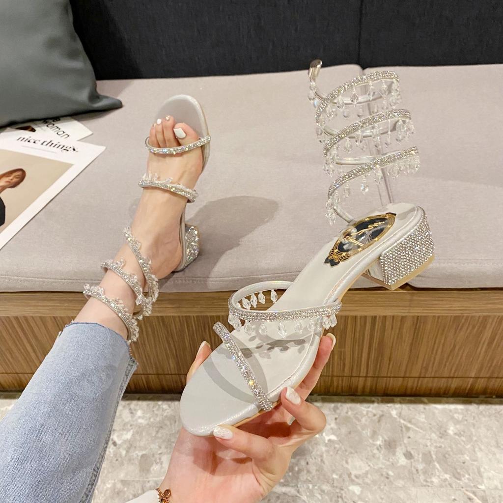 Summer Women's Sandals Luxury Club Square Toe Pendant Rhinestone Snake Pattern White Heel Sandals Wedding Party Shoes