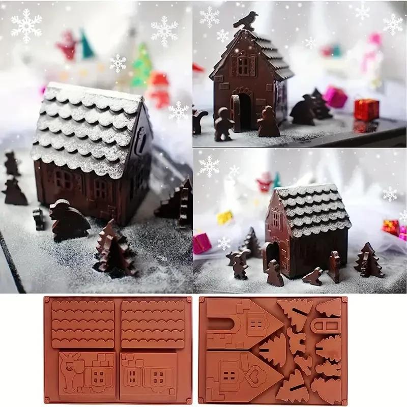 3D Chocolate Silicone Christmas House Log Mold Desserts Fondant Tools Cake Cookie Decoration Bakeware Pastry Tools Accessories