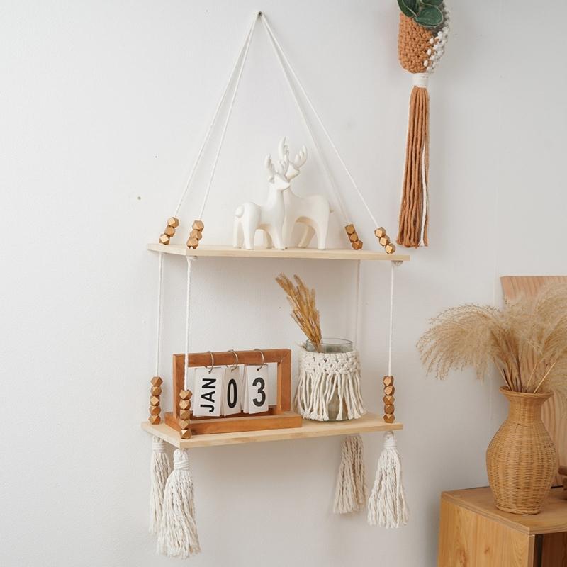 Unique Decorative Floating Tassels Shelf Wood Wall Mounted Storage Rack for Living Room Stylish Bedroom Organizer