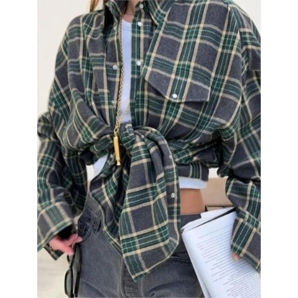 Women's Point Collar Long Sleeve Plaid Shirt Loose Fit Streetwear Blouse With Chest Pocket Spring Casual Oversized Tunic Shirt