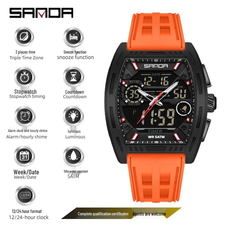 SANDA Men's Waterproof Luminous Sports Watch - Countdown & Multifunctional Barrel-Shaped Electronic Watch with Large Dial