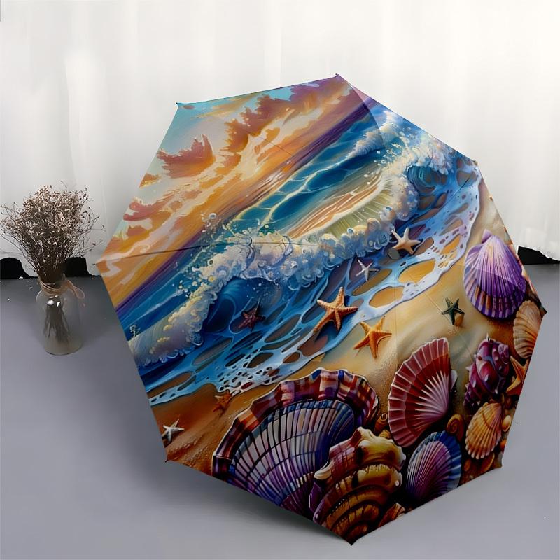 1pc Seashells and Starfish Beach Scene Umbrella with Plastic Handle,Suitable for All Seasons Home Travel Outdoor UmbrellaDD1461