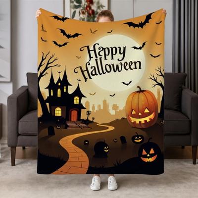 Spooky Halloween Weighted Throw Blanket Suitable for - Use - Soft Flannel Fleece with Haunted Mansion, Bats & Pumpkins, Cozy Couch Cover or Bedspread,