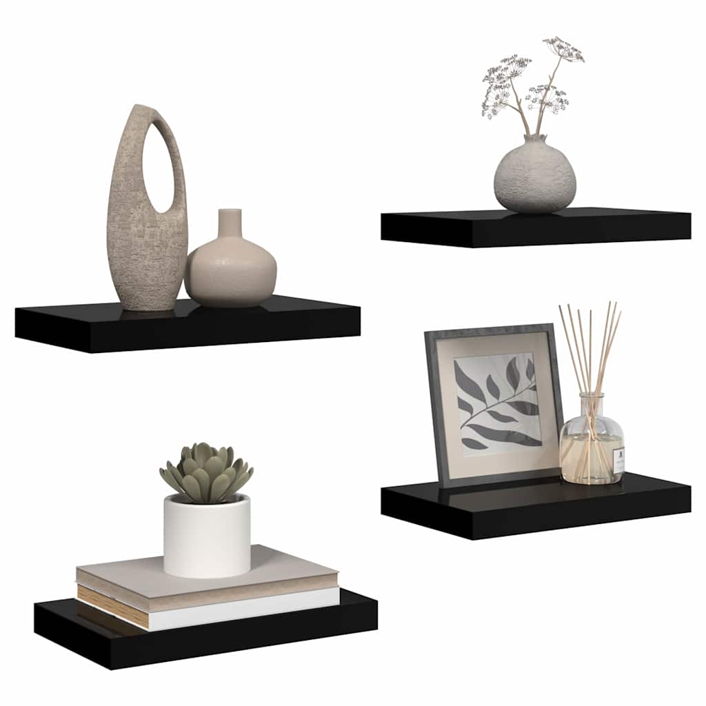 Schwebende Regale Set 4 Stück. Hochglanz Schwarz 40 x 23 x 3,8 cm MDF