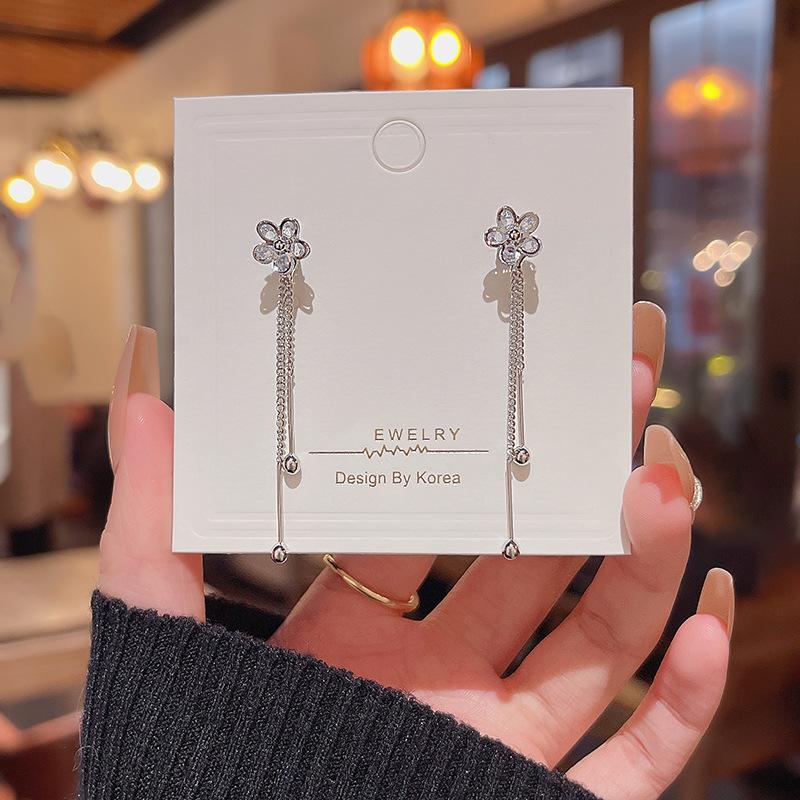 Long Fringed Zircon Earrings Light Luxury Niche Versatile Temperament Bow Stud Earrings