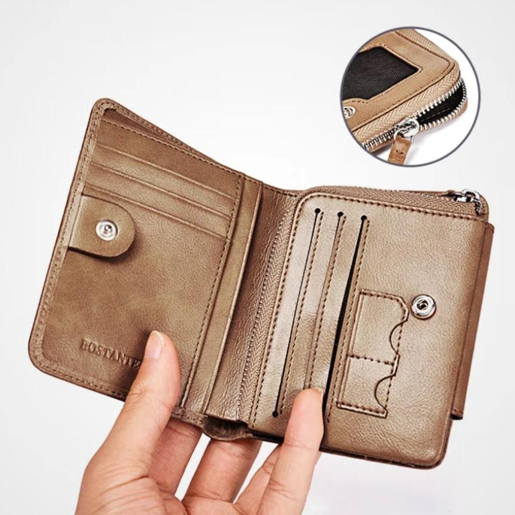BOSTANTEN Herren-Geldbörse, kurzes Design, Vollnarbenleder, faltbarer Kartenhalter, Khaki
