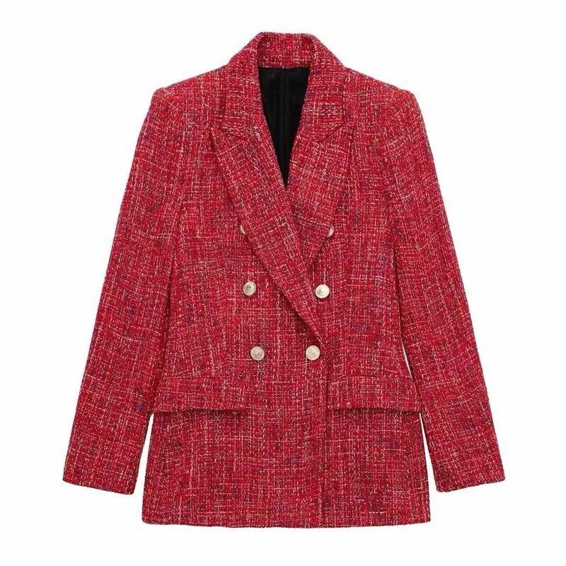 Western Style 2024 Autumn and Winter New Women Texture Double Breasted Long Sleeve Lapel Blazer Outerwear 9192156
