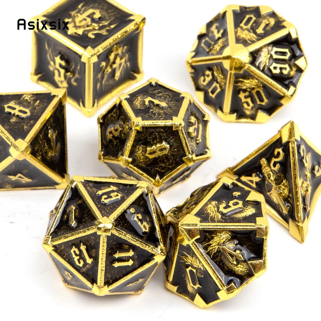 7 Pcs Black Golden Skull Metal Dice Solid Metal Polyhedral Dice Set Suitable for Role-Playing RPG Board Game Card Game