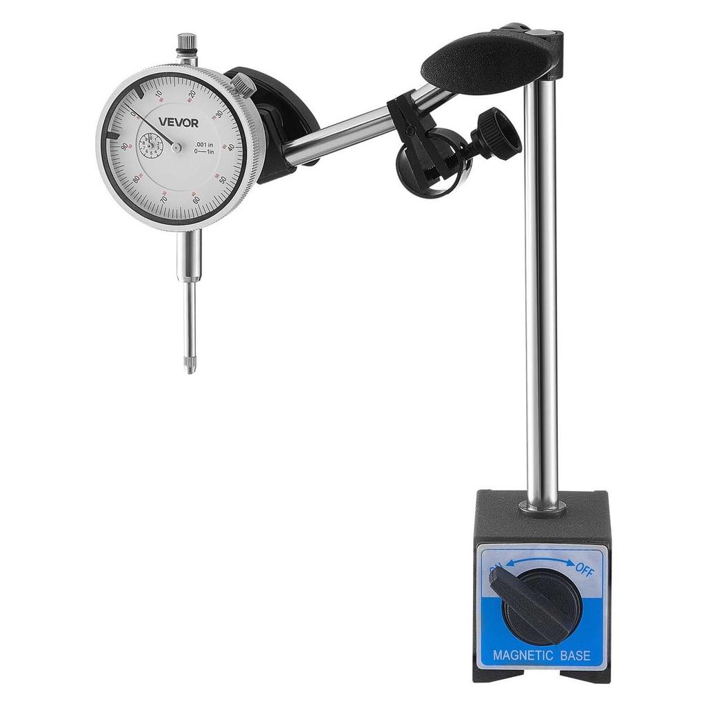 Dial Test Indicator with Dual Rod Stand and Storage Case, 0.03 Mm Accuracy, 0-25.4mm Range, Fine Adjustable Long Arm, Non-Magnetic Centering Rods for