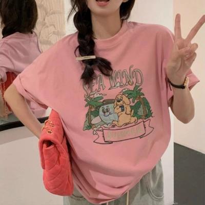 Sommer Damen T-Shirt Vintage Lustiger Cartoon Print Lässig Kurzarm Rosa T-Shirts Mode Streetwear Rundhals Pullover Weiblich Locker Damenbekleidung