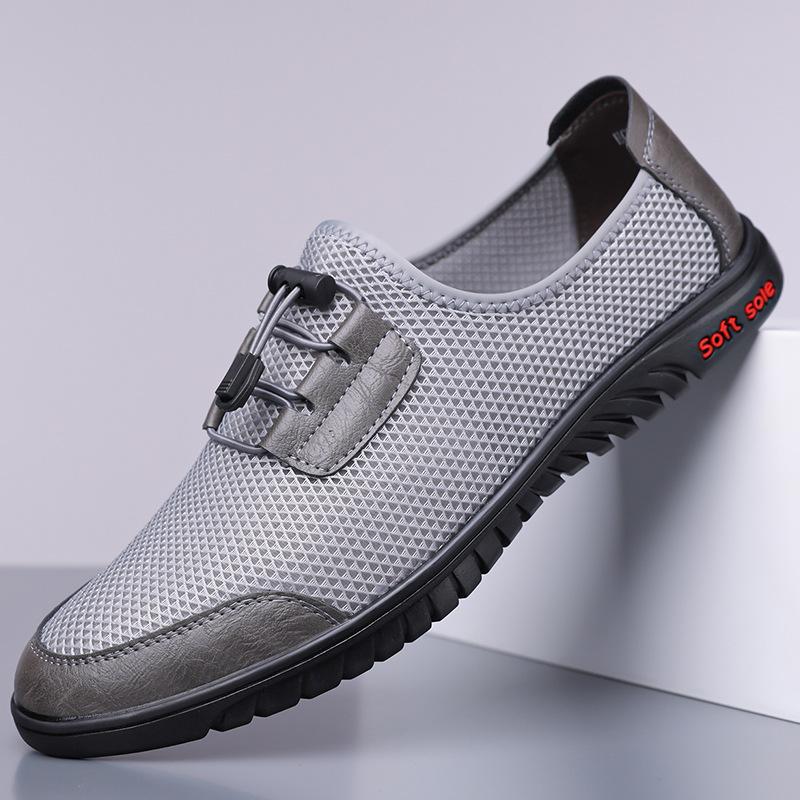 Men's business casual shoes summer breathable mesh hollow thin men's shoes elastic band wear a foot lazy shoes