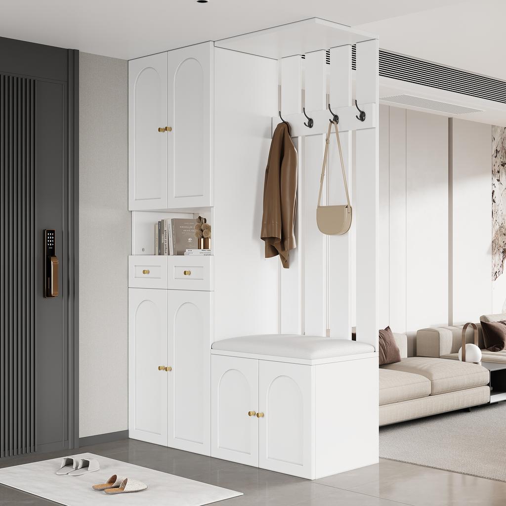 Wardrobe Set, Wall Wardrobe; Wardrobe Set with Shoe Bench and Shoe Cabinet, 4 Hooks, 6 Doors, 2 Drawers, White Hallway Furniture (W110×H180×D37cm)