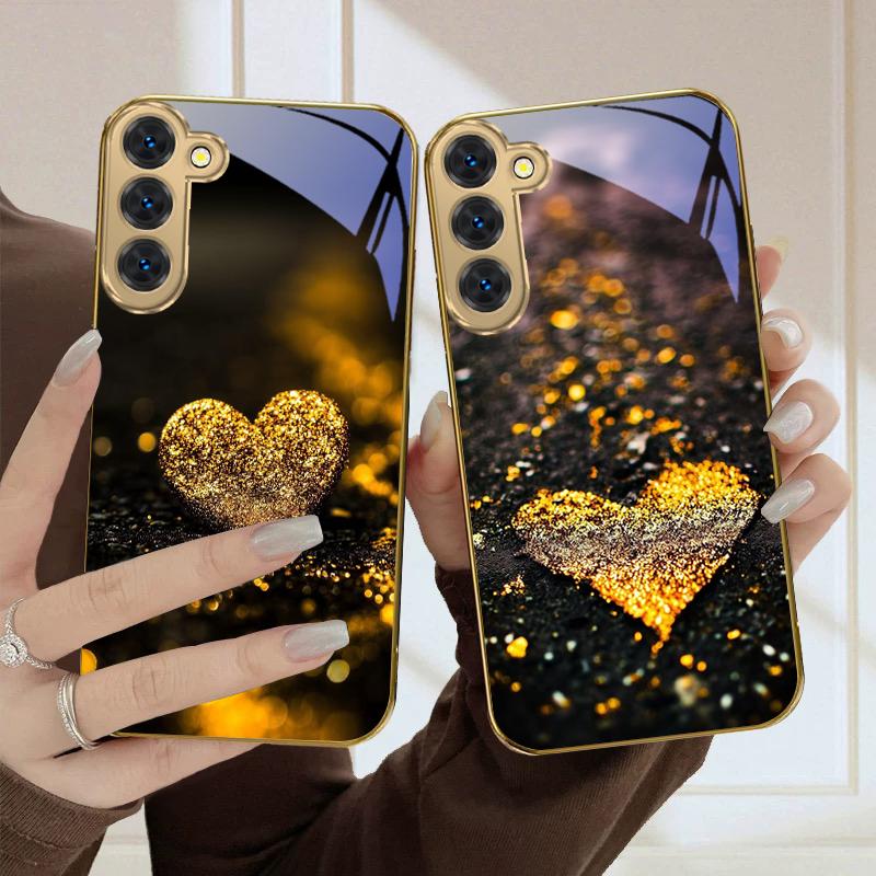 Shining heart shape For Samsung Galaxy S20 FE S21 S22 Ultra S23 Plus S24 Ultra 25Ultra S21+ S9+ 22Plus Golden glass phone case