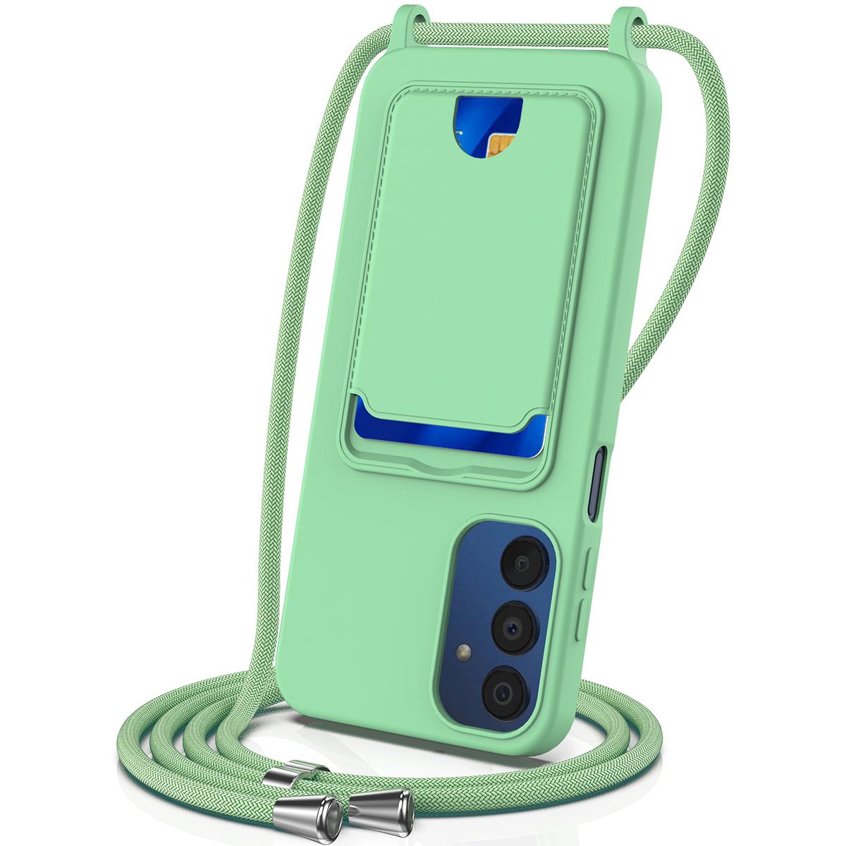

For Samsung Galaxy A54 5G Case Liquid Silicone Card Holder Back Phone Cover with Lanyard Green