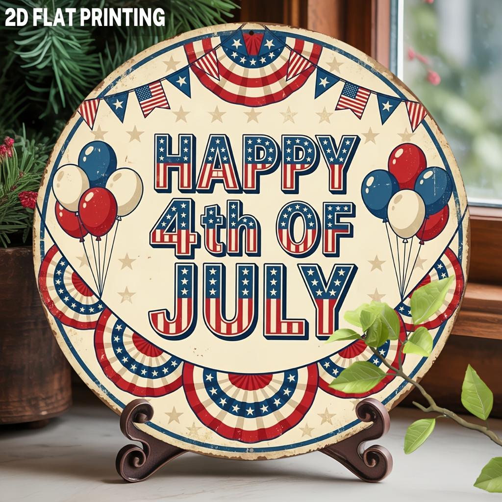 Patriotic Metal Wall Decor th July Sign Red White Blue Round Aluminum Art for Home Bar Party