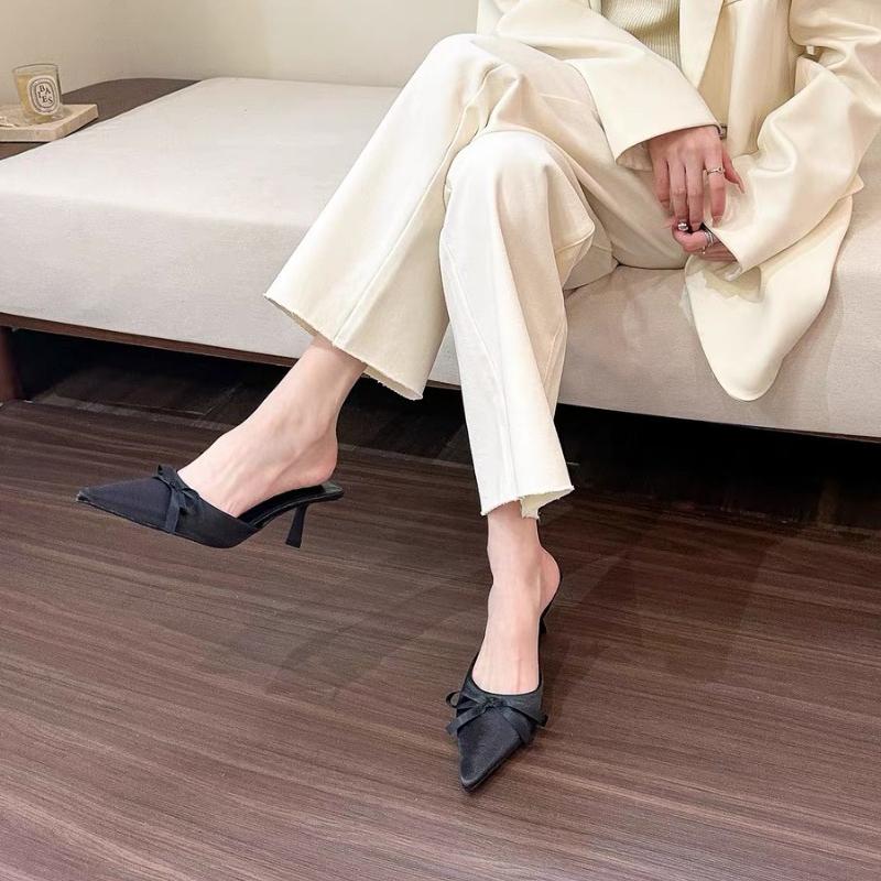2024 Fashion Solid Color Pointed Toe Hot Selling Versatile Women's Slippers Baotou Bow Decorated Stiletto Heels Women's Shoes