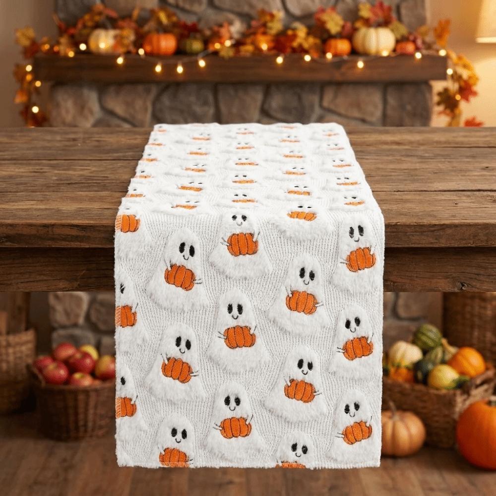 Comfortable Halloween Pumpkin Ghost Table Runner Soft Texture Cartoon Dining Table Cloth Rectangular Cute Spooky Long Tablecloth