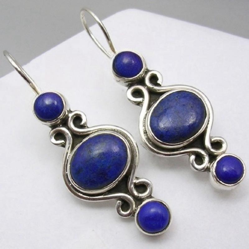 Vintage Ręcznie Rzeźbione Wkładane Syntetyczne Lapis Lazuli Kolczyki Wiszące dla Kobiet Eleganckie Wykwintne Bankietowe Biżuteria Akcesoria