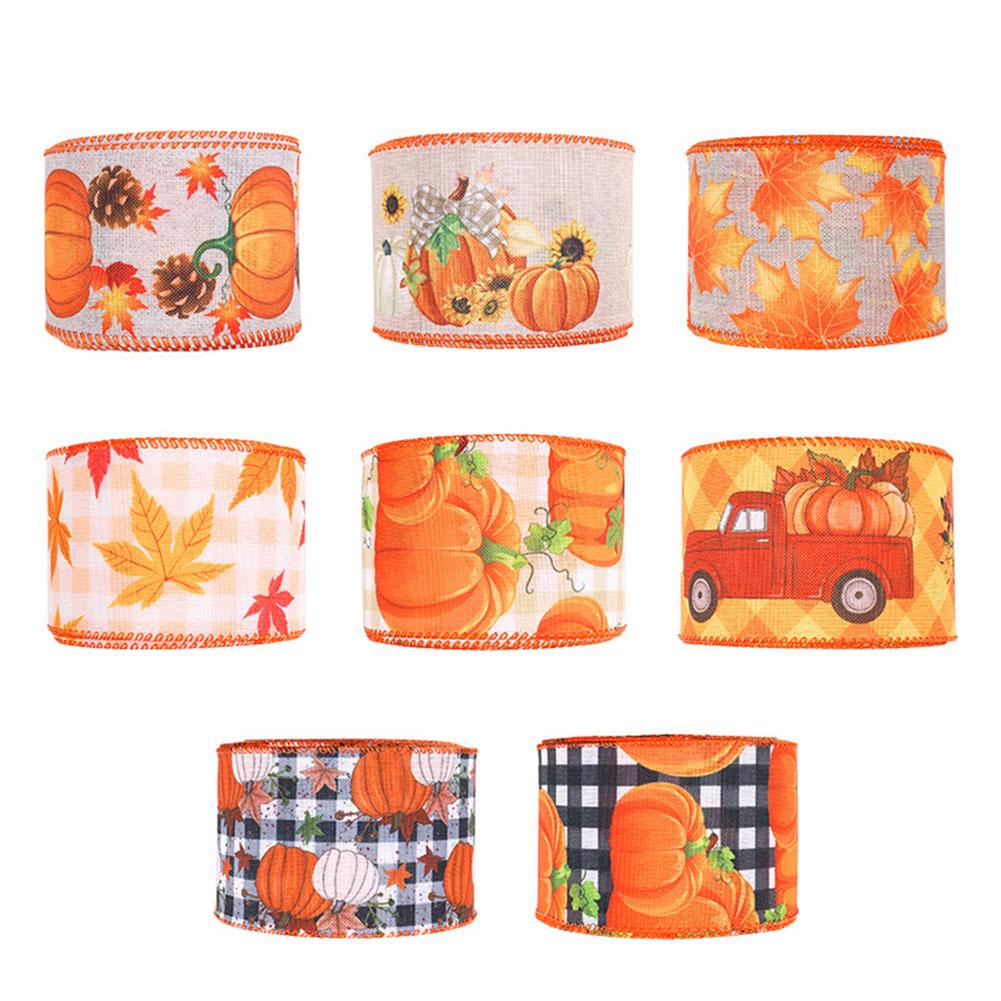 Autumn Mixeds Pumpkins Wired Ribbon Autumn Themed Wired Edge Ribbon For DIY Wreath