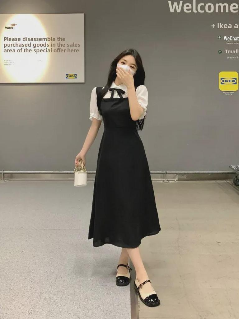 Women's Large French College Style Black Two-Piece Polo Dress - Waist Slimming A-Line Summer Skirt