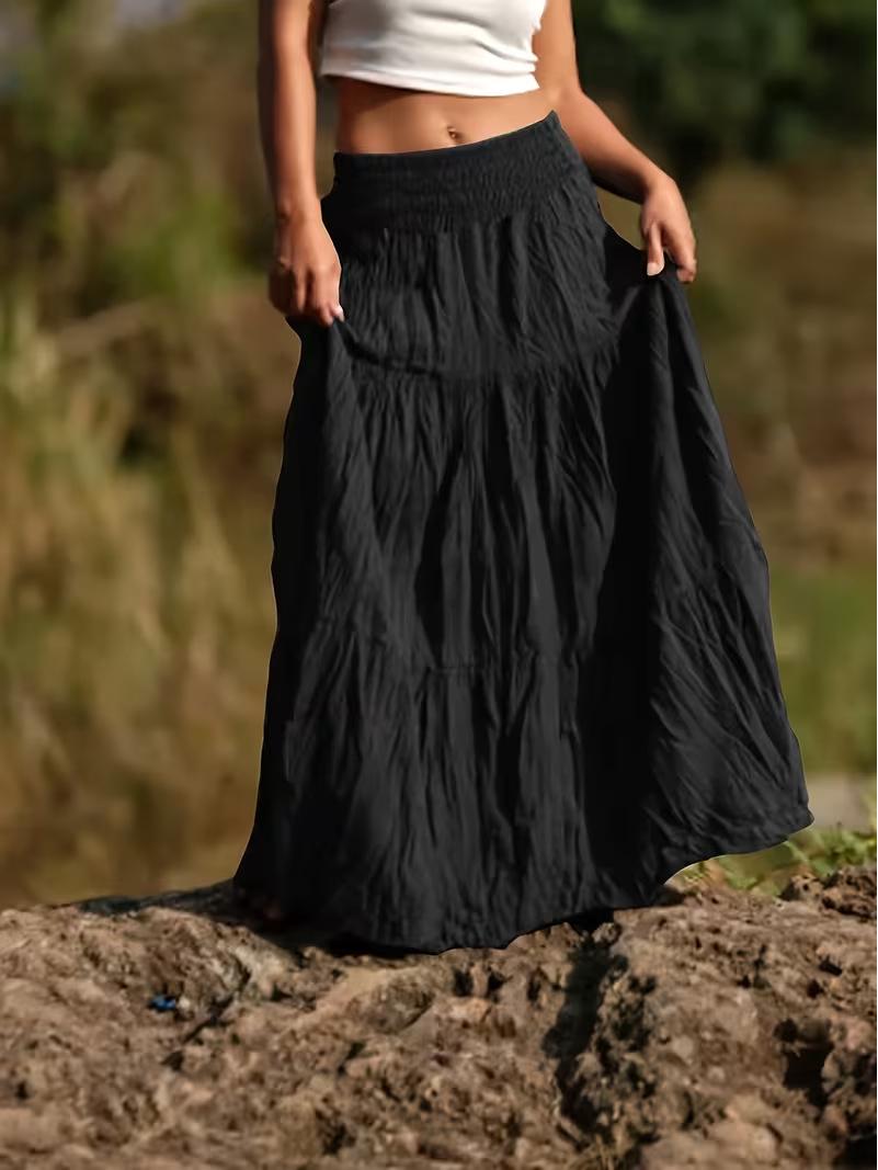 

Elegant A-line Long Skirt - Solid Color, Big Hem, Ideal for Vacations & Casual Wear M чорний