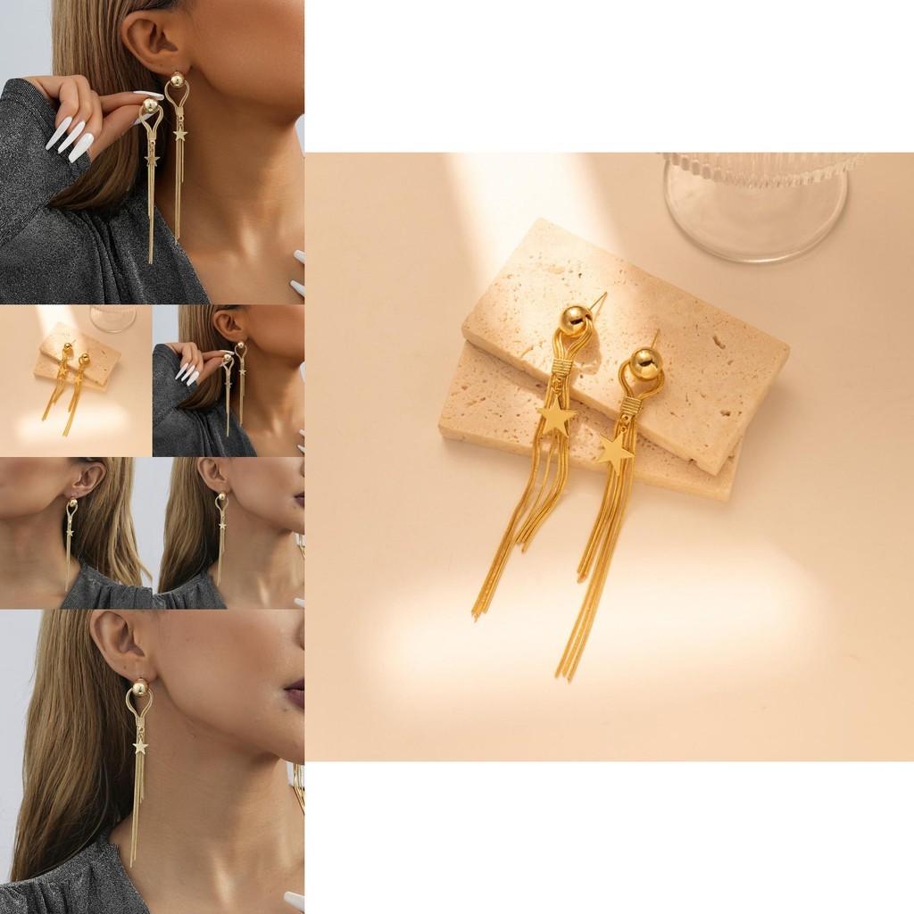 Trendy Gold Star Drop Earrings For Women Fashionable Asymmetric Tassel Style