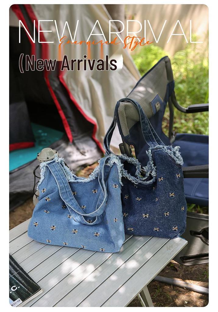 Personalized Floral Embroidery Denim Tote Bag - Fashionable, Large-Capacity Shoulder Bag for Women