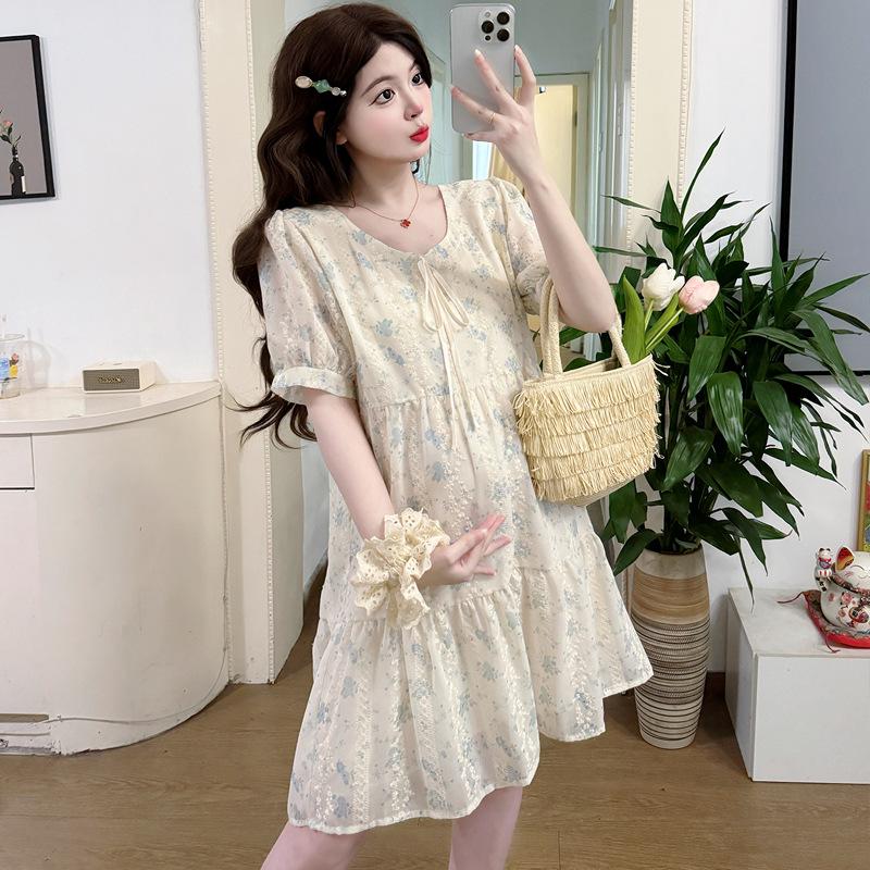 Summer Floral Maternity Dress - Loose, Slimming, Mid-Length, Sweet Style 2XL