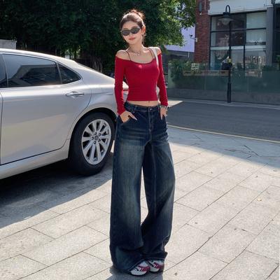 American Low-rise Retro Blue Loose Straight Down Jeans Women's Autumn and Winter Korean Wide-leg and Thin Casual Floor Pants