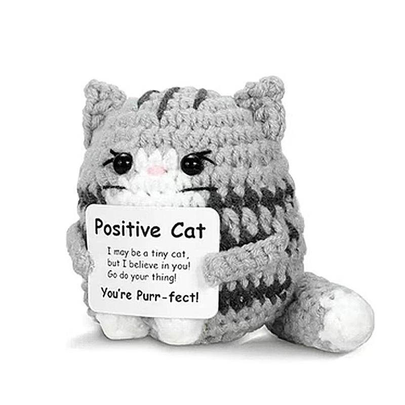 Funny Crochet Positive Energy Cat Doll Handmade Knitted Flower Bee Ornament Christmas Gifts with Card Home Room Decoration