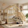 Bunk Bed, Children's Bed, Two Drawers with Rollers, Exquisite Windows, Safety Ladder with Handrails, Pine + MDF, White+Natural, 90x200cm