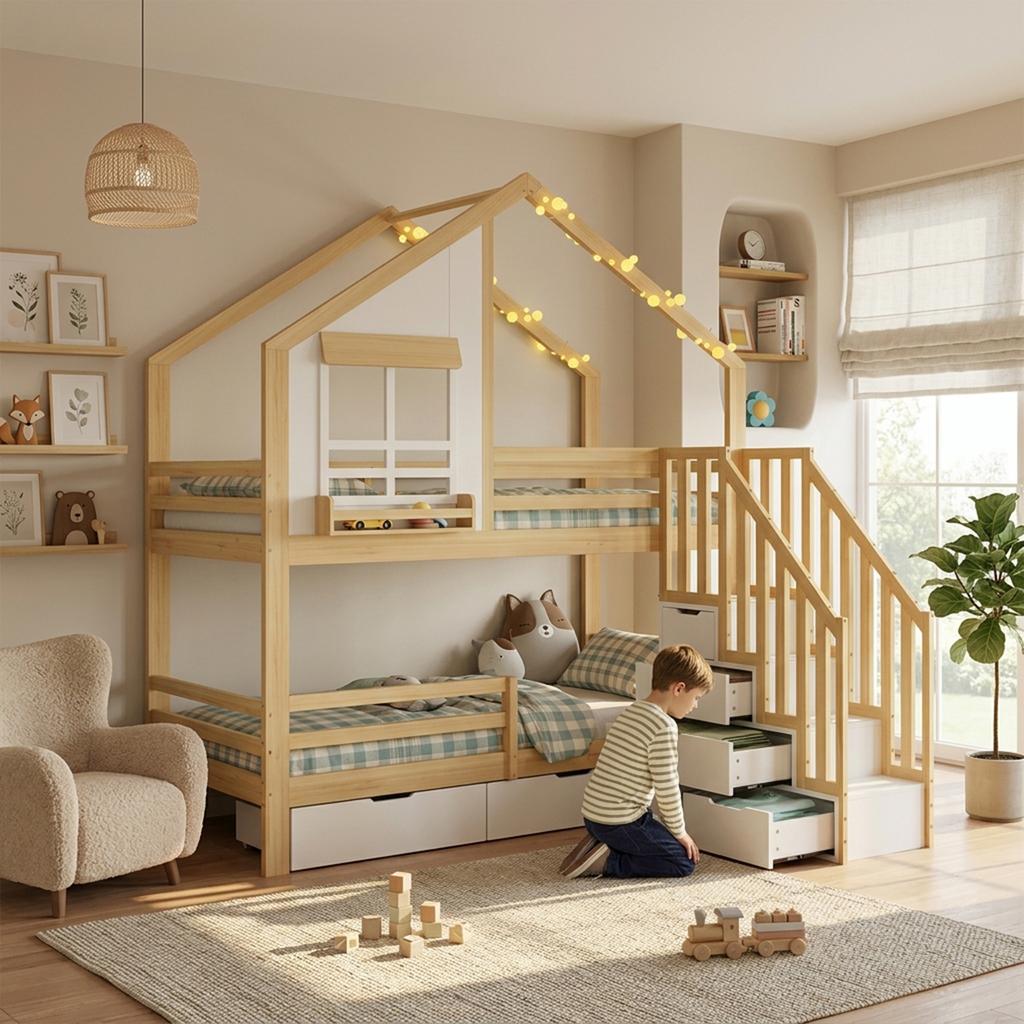 Bunk Bed, Children's Bed, Two Drawers with Rollers, Exquisite Windows, Safety Ladder with Handrails, Pine + MDF, White+Natural, 90x200cm