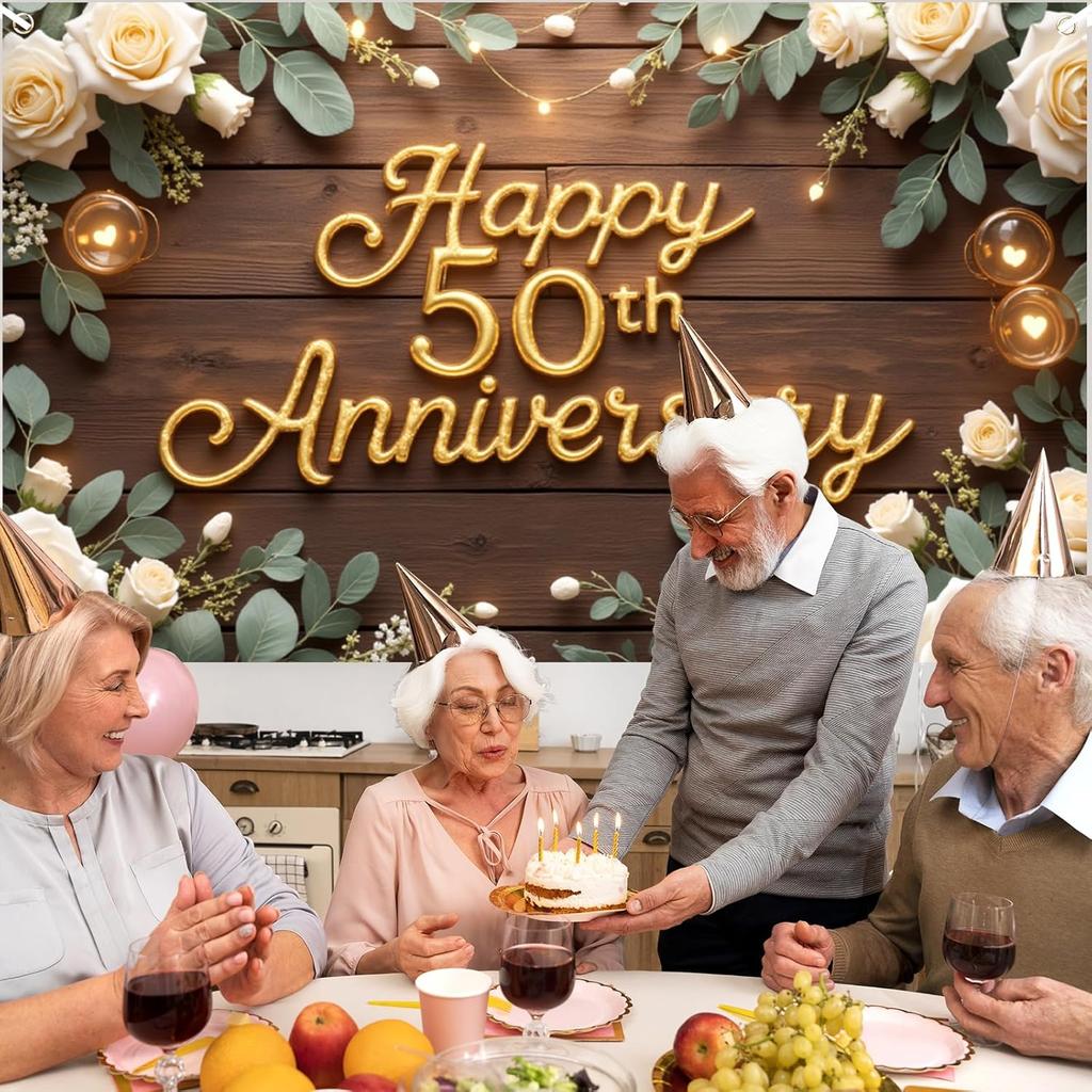 Happy 50th Anniversary Decorations Banner, 50th Wedding Anniversary Party Decoration Floral Backdrop, Celebration Golden Wedding Birthday Party