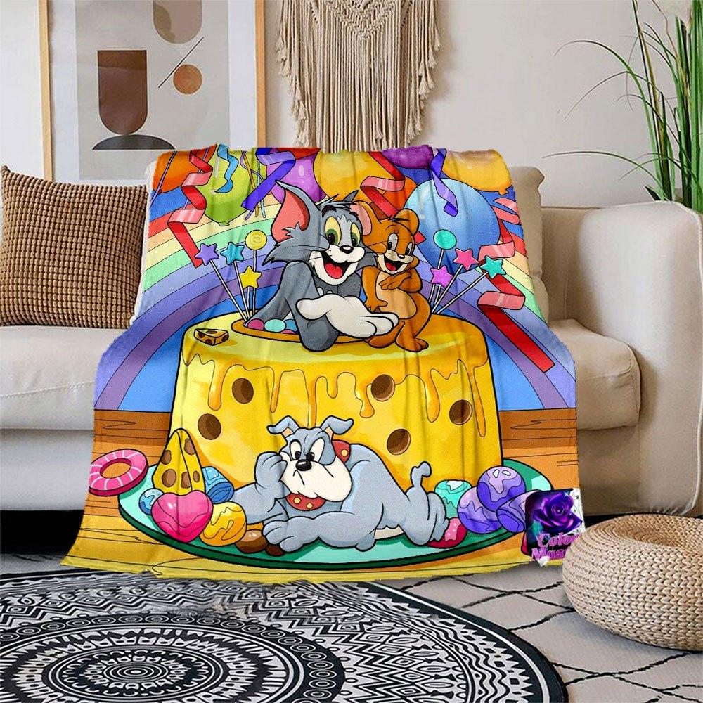 

Tom Jerry Birthday Party Cake Kids Room Decor PosterBlanket Flannel Throw Blanket for Sofa, Bed, Travel, Camping, Office 100x150cm