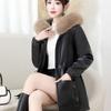 Autumn Winter Women's PU Leather Jacket Mid-length Fleece-lined Hooded Plus Size Leather Jacket with Fur Collar